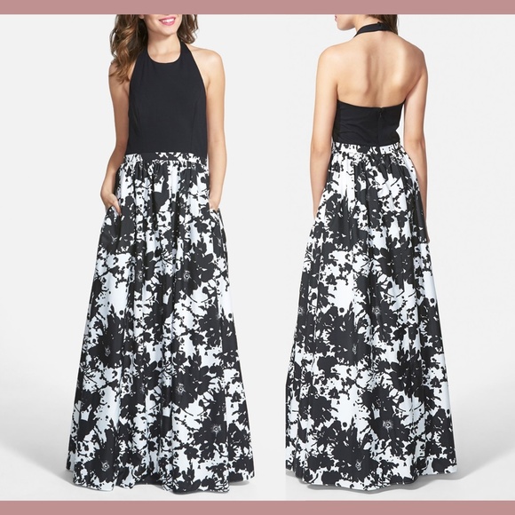 NWT Aidan by Aidan Mattox [sz 4‎ ] Floral Ponte & Taffeta Halter Gown Black - Picture 2 of 7